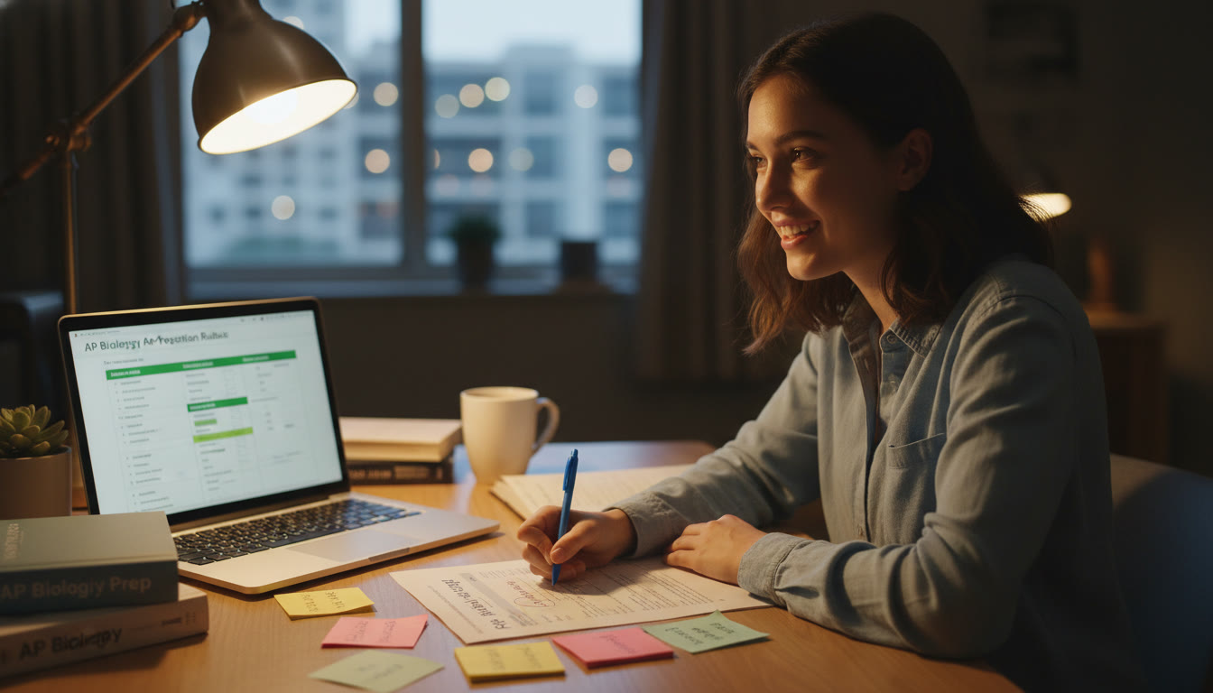 Photo Idea : A student at a desk making a confident prediction on a practice AP free-response question, sticky notes around, and a laptop showing a marking rubric—warm lighting, focused expression.