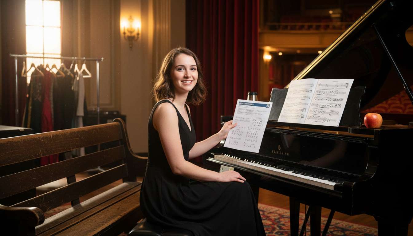 Photo Idea : A quiet backstage corner with a pianist reviewing a one-page SAT practice sheet and a music score symbolizing how academic prep and performance life can coexist.