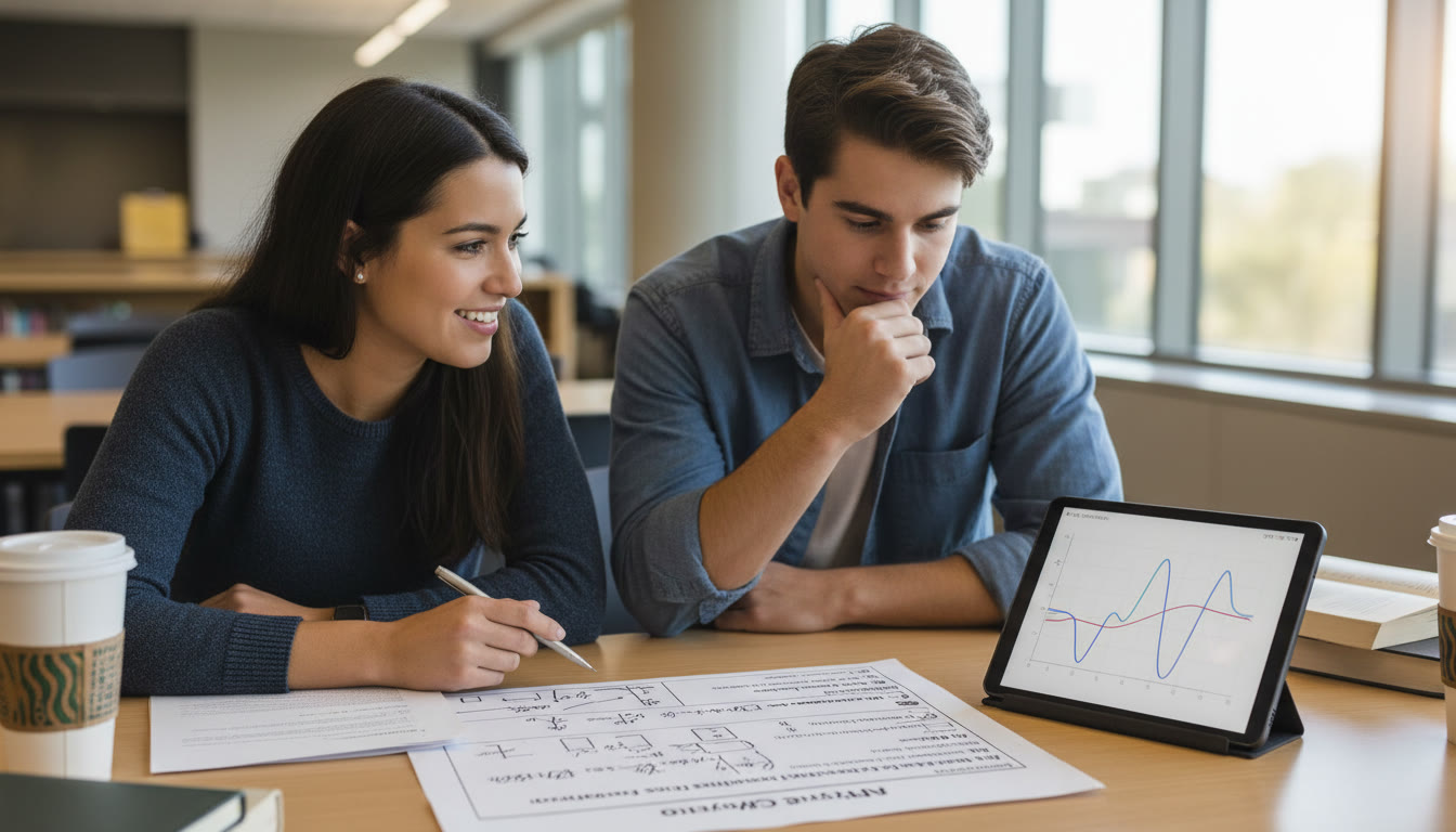 Photo Idea : A student and a tutor working at a table over a printed AP free-response question, with annotated diagrams and a tablet showing motion-sensor traces—warm, collaborative scene to emphasize personalized tutoring.