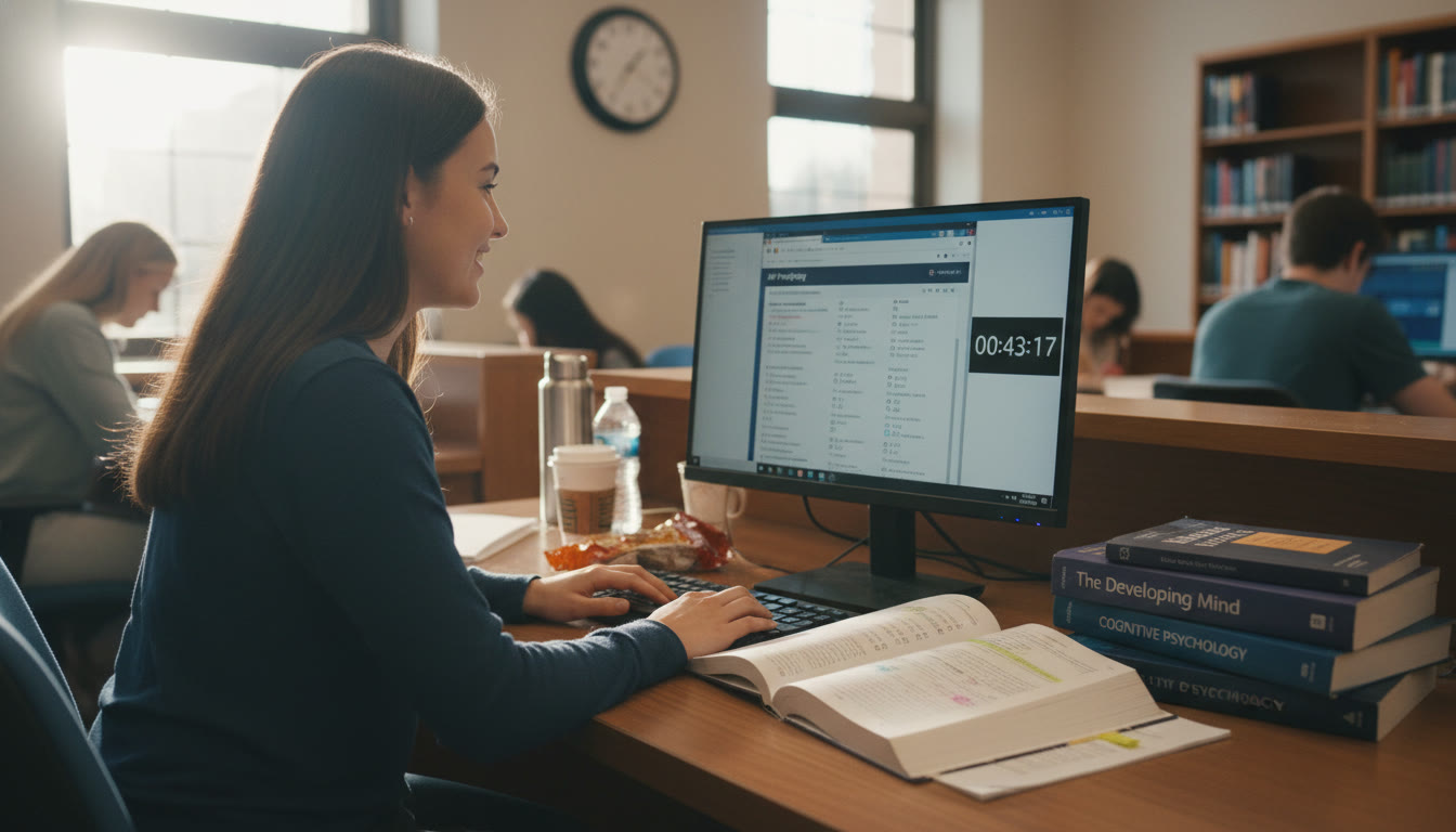Photo Idea : A student at a desk mid-simulation with a clock visible and an open practice test — suggests focus and real-test simulation in action.