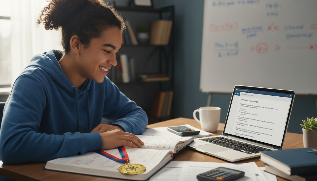 Photo Idea : A dynamic shot of a high school student at a desk with physics notes and an Olympiad medal beside a laptop displaying AP practice problems. The image conveys focus and balanced achievement.