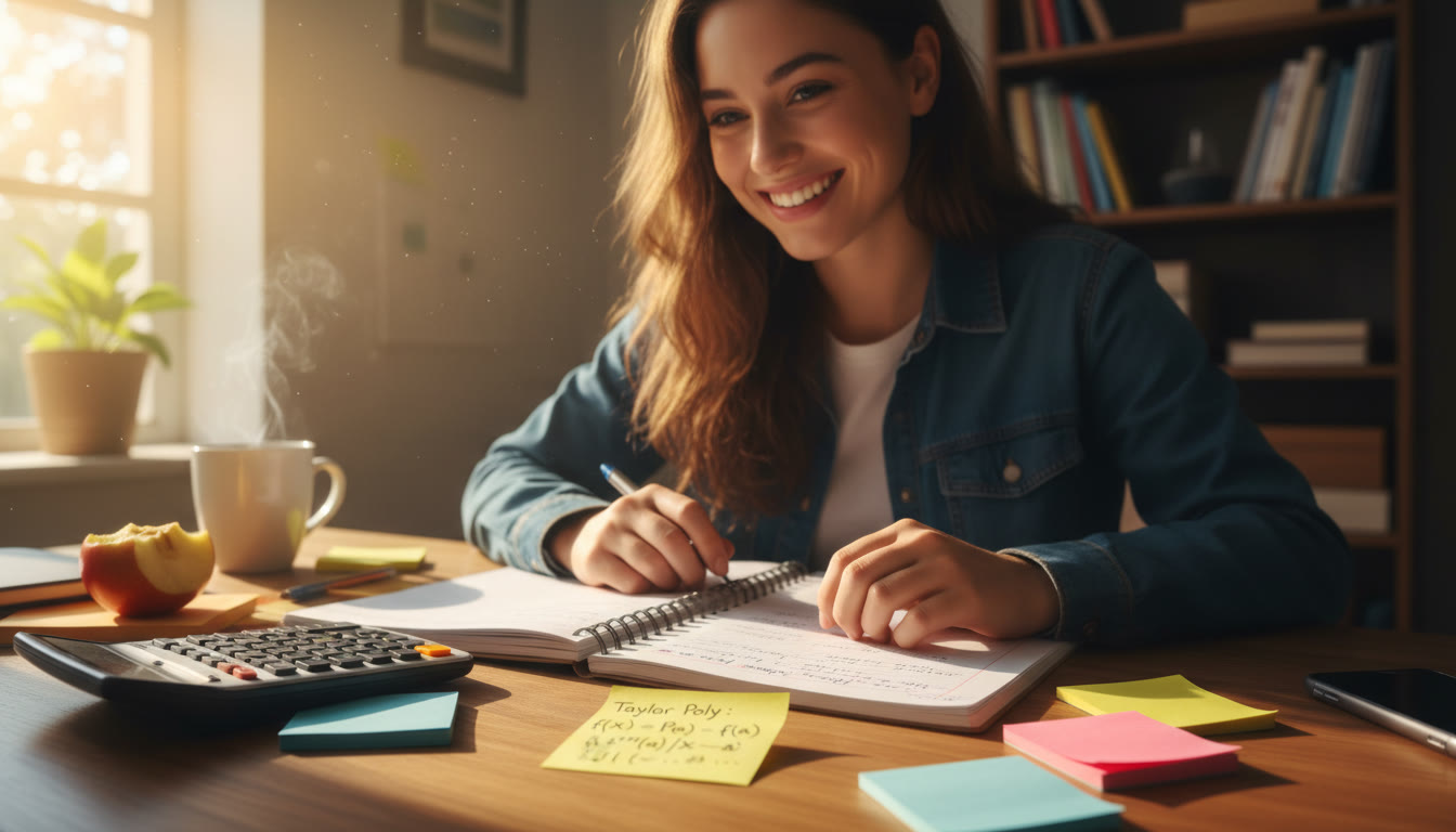 Photo Idea : A student at a desk with open notebook, graphing calculator, and sticky notes showing a Taylor polynomial scribble — warm natural light to suggest focused study.