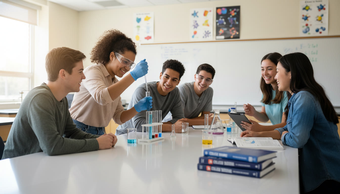 Photo Idea : A bright high school classroom scene with a small group of students gathered around a lab bench, one student wearing safety goggles as they pipette into a test tube. Capture natural expressions of curiosity and collaboration to illustrate hands-on learning.