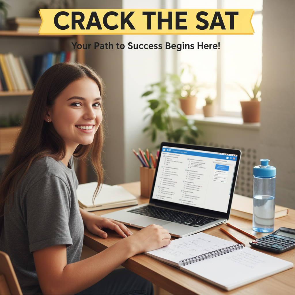 Student studying at a tidy desk with a laptop open to a practice test, a notebook for scratch work, and a water bottle nearby