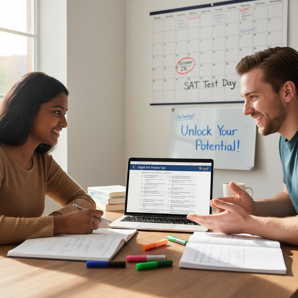 Photo Idea : A focused study scene: a student and a Sparkl tutor working one-on-one over a laptop with a Digital SAT practice screen visible, notebooks open and a calendar nearby showing a test date. Convey personal attention and planning.