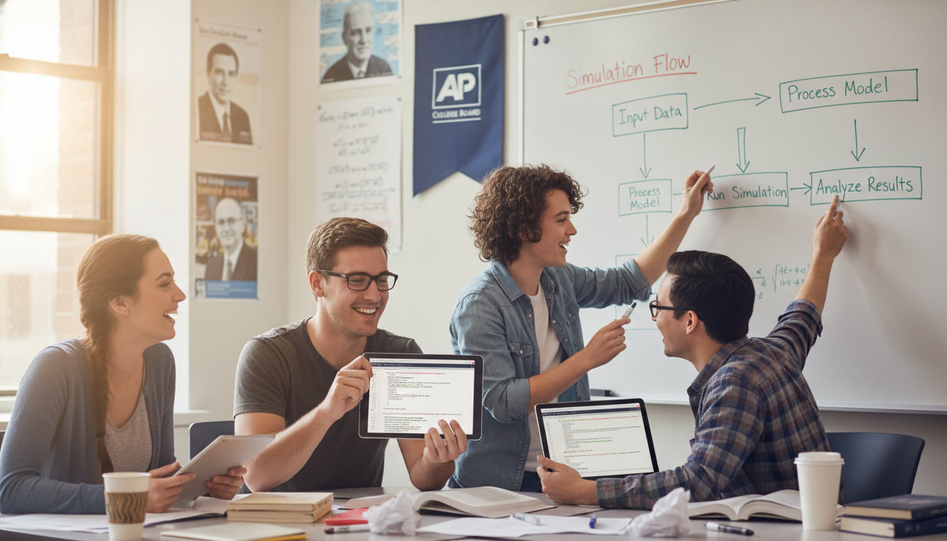 Photo Idea : A small group of students huddled around a whiteboard, sketching a simulation flow and testing code on a tablet—captures collaboration, planning, and the iterative nature of computational thinking.
