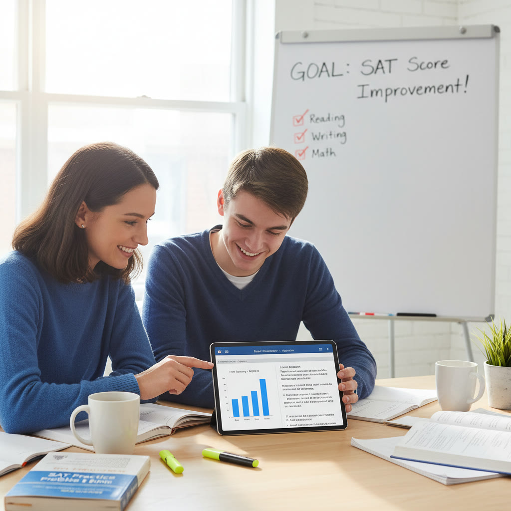 Photo Idea : A tutor and student at a table working on practice Digital SAT problems on a tablet; visible materials show graphs and reading passages, capturing the collaborative, targeted tutoring approach.