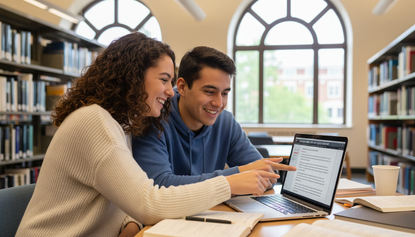 Photo Idea : A tutor and student reviewing an essay together on a laptop, pointing to the screen — captures the collaborative tutoring moment and targeted feedback.