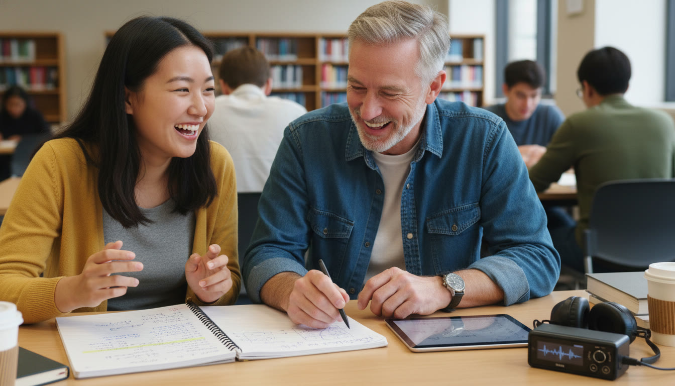 Photo Idea : A close-up of a student and tutor in a one-on-one session, notes and audio device visible — highlights personalized feedback and targeted improvement. Place in the lower half of the article near the section on tutoring.