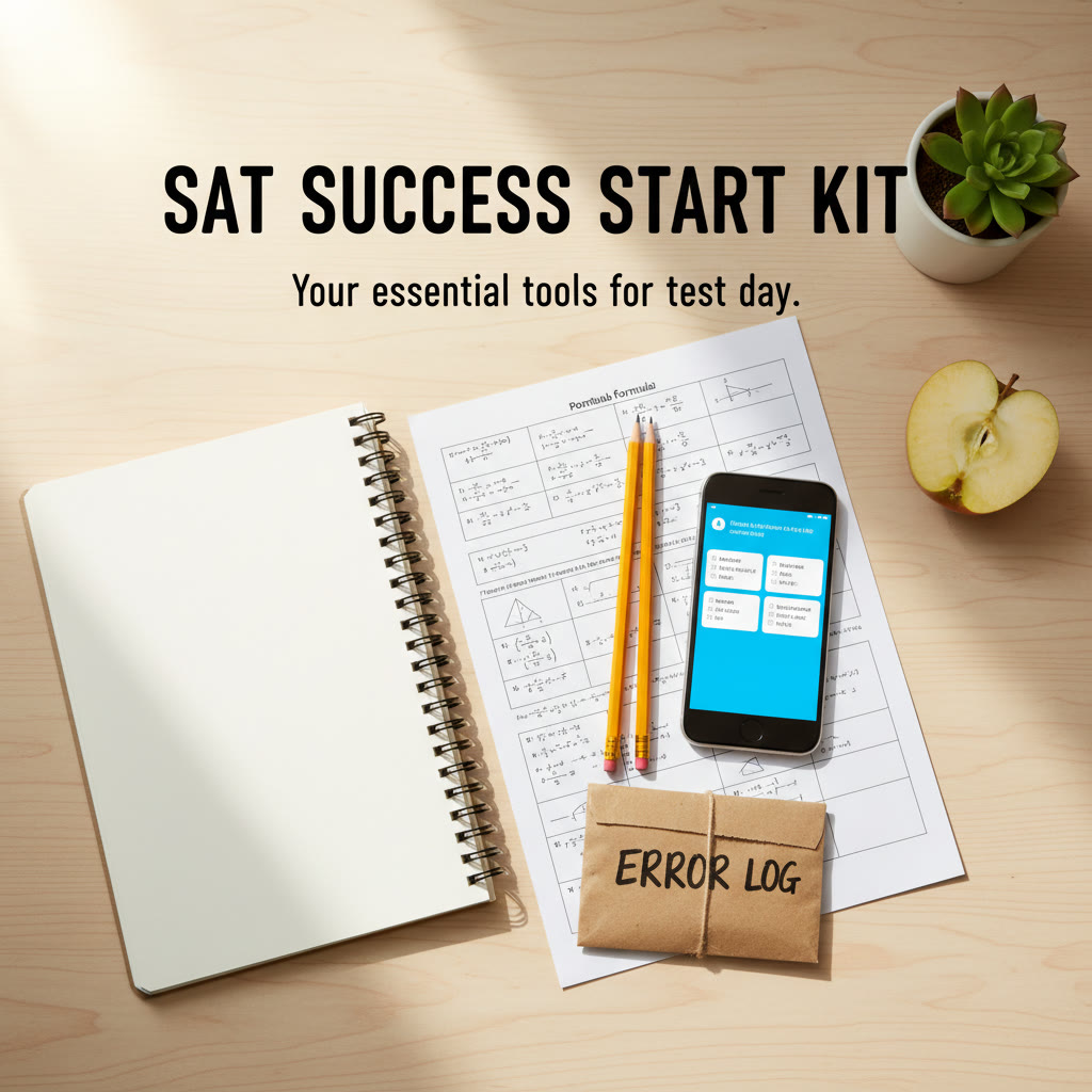 Flat-lay of a portable SAT kit: notebook, printed formula sheet, pencils, phone with flashcards, and a small packet labeled 'error log' — practical and minimal.