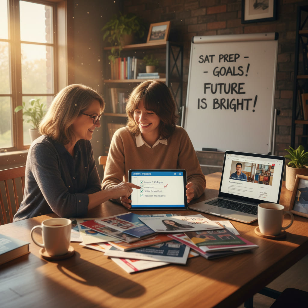 Photo Idea : A high school student and parent reviewing college brochures and a laptop showing a college application checklist, sunlight pouring through a window — candid, warm, hopeful.