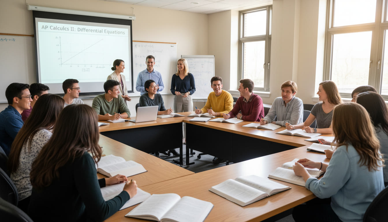Photo Idea : A college classroom with a diverse group of students engaged in discussion, notebooks open, showcasing the payoff of rigorous high-school preparation — place this near the closing to evoke future success.