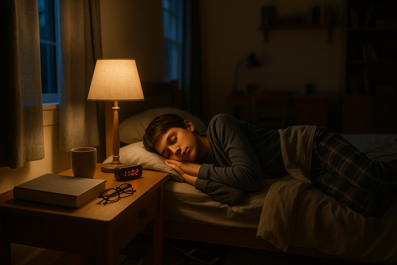Photo Idea : A peaceful, dimly lit bedroom with a teen asleep at night, textbook closed on the bedside table—conveys calm, restful study break.