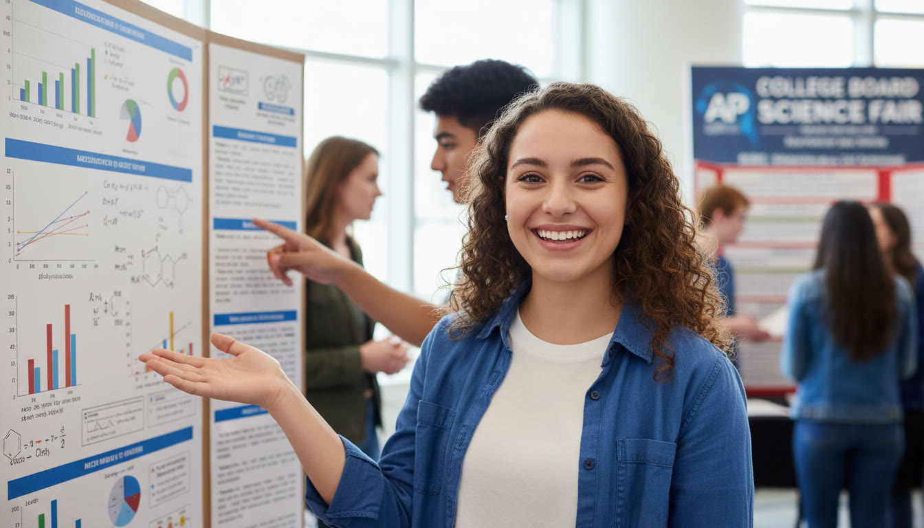 Photo Idea : A close-up portrait of a student presenting a research poster at a science fair, with graphs and equations visible in the background — reinforces how AP-led preparation leads to real-world STEM experiences.