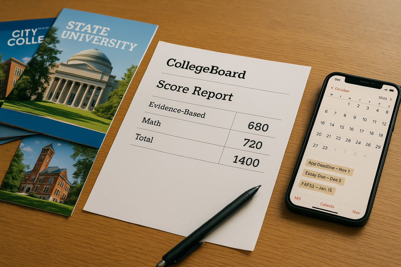 Photo Idea : A close-up photo of a table with a College Board score report printout, college brochures, a phone with a calendar app open showing application deadlines, and a pen — conveying planning and organization.