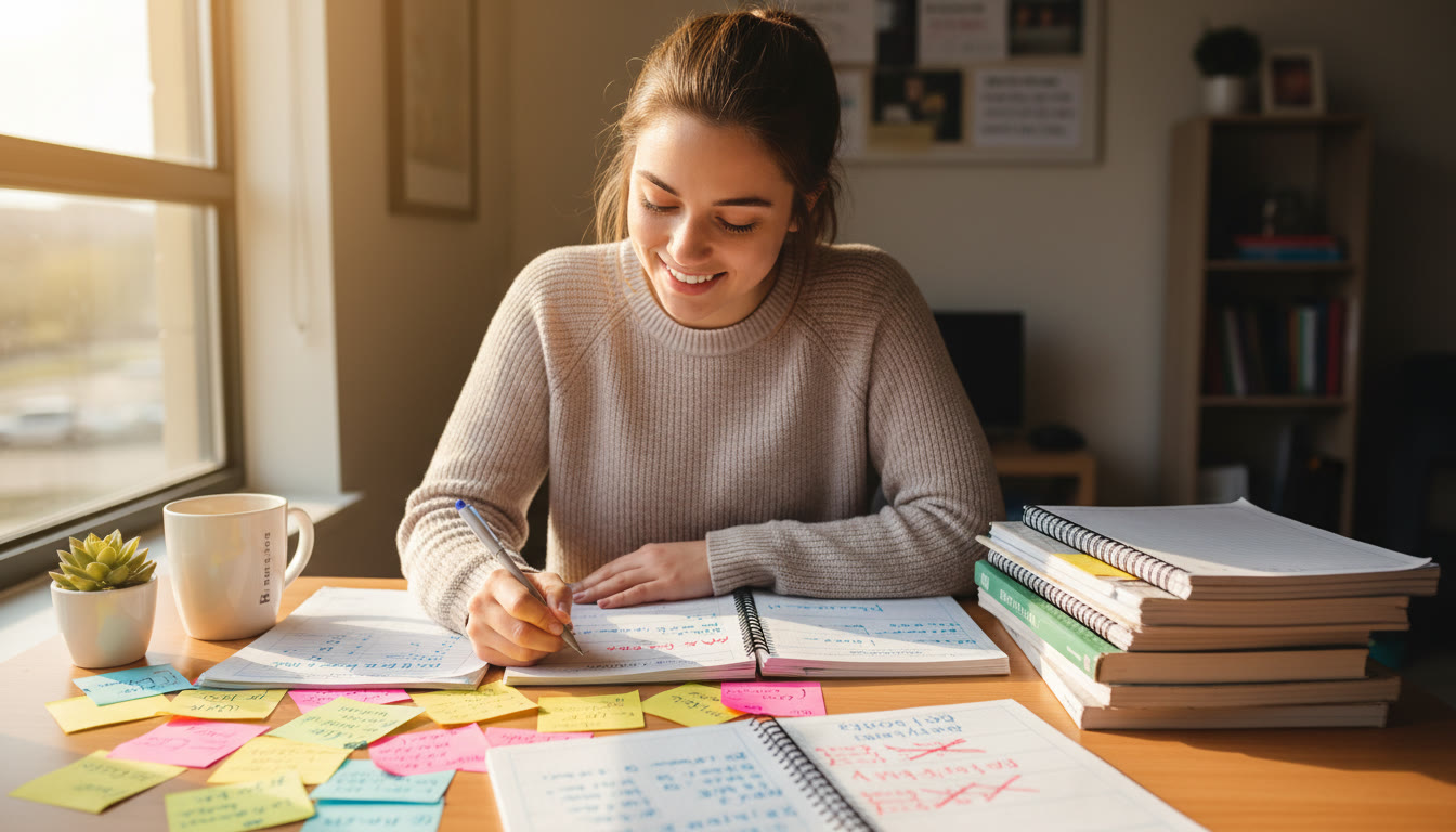 Photo Idea : A student at a desk surrounded by sticky notes and error logs; warm sunlight, calm focus—conveys intentional reflection and organized study.