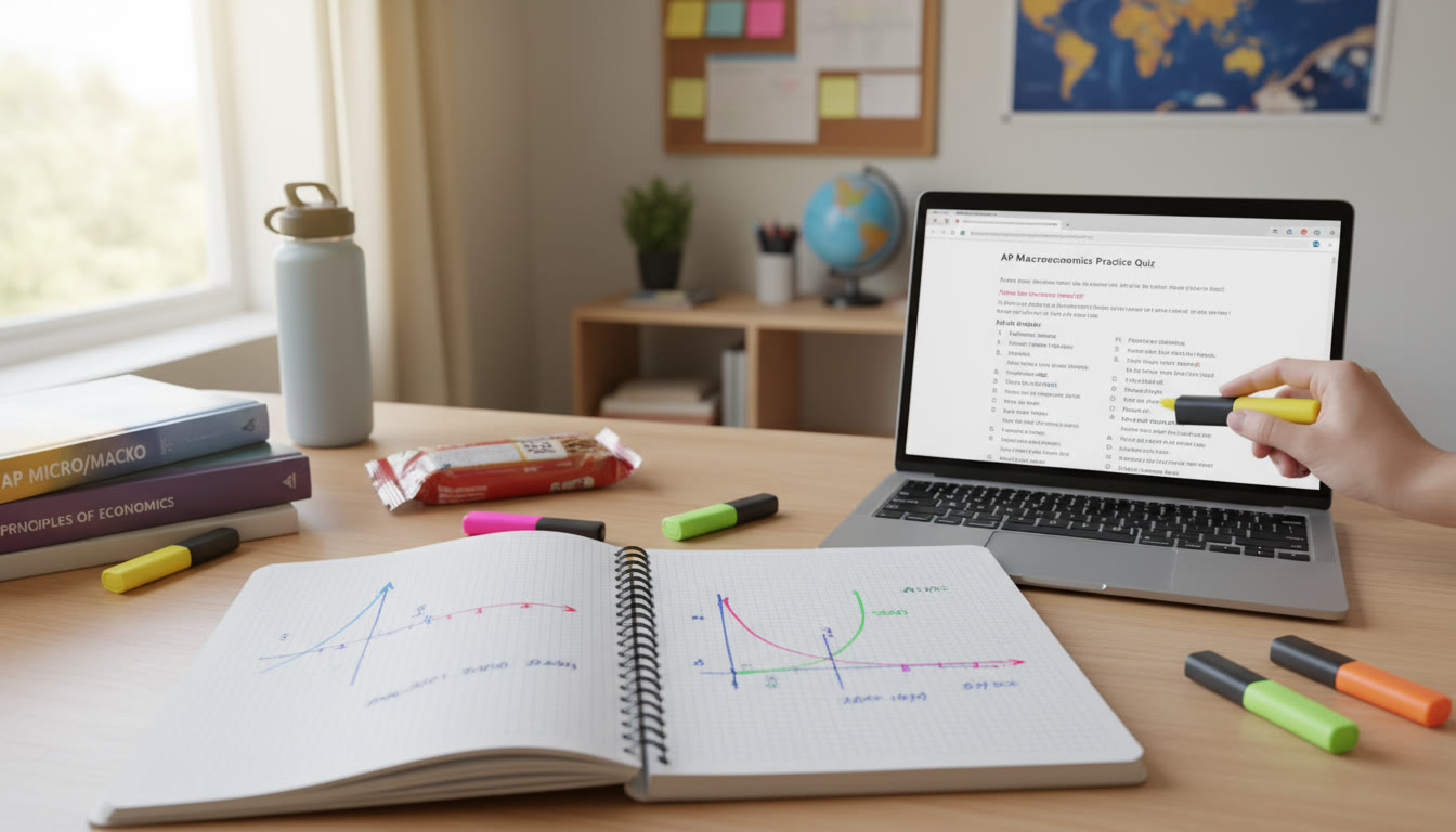 Photo Idea : A bright, student-focused desk scene — open notebook with hand-drawn supply-demand and AD-AS graphs, highlighter pens, and a laptop showing AP practice questions. This image fits in the top third of the article to set the visual tone.