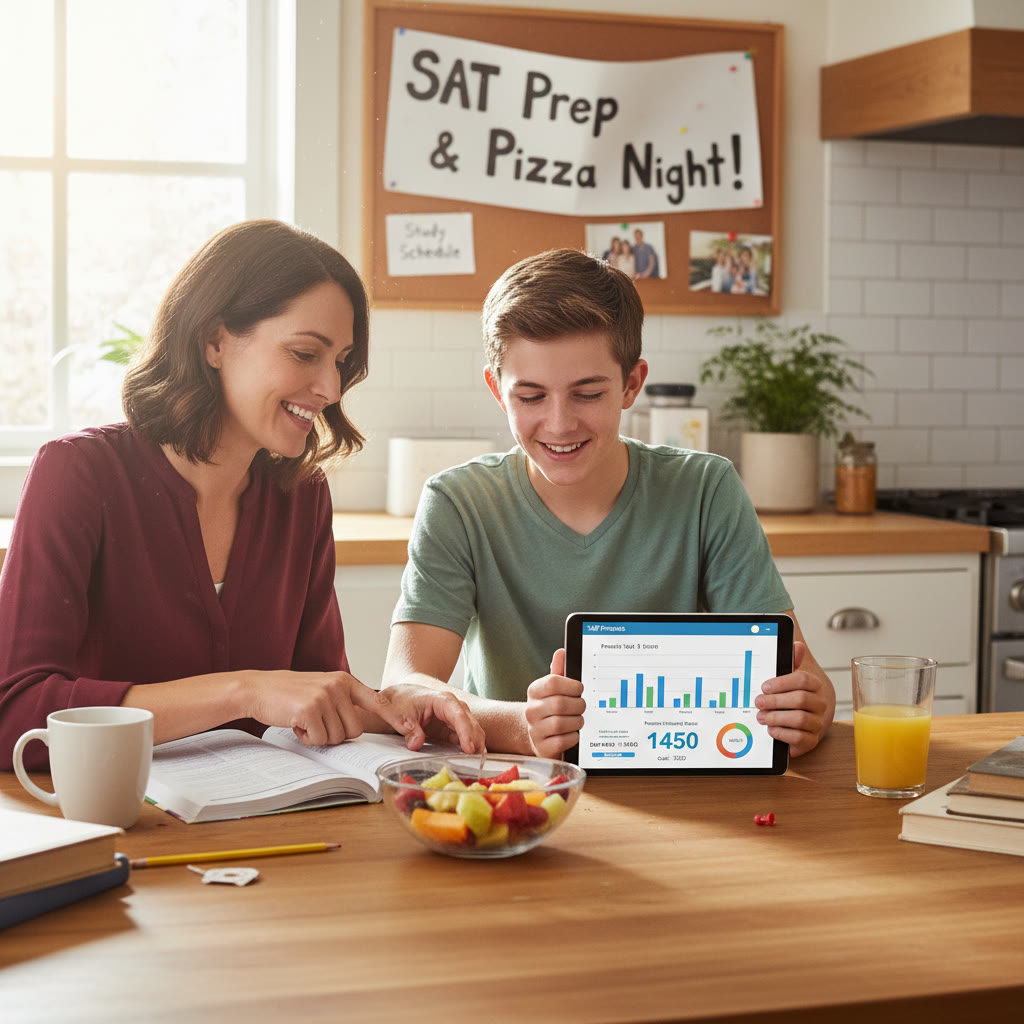 Photo Idea : A parent and student at a kitchen table, reviewing a practice test together with a tablet displaying progress charts—capturing collaboration and planning.
