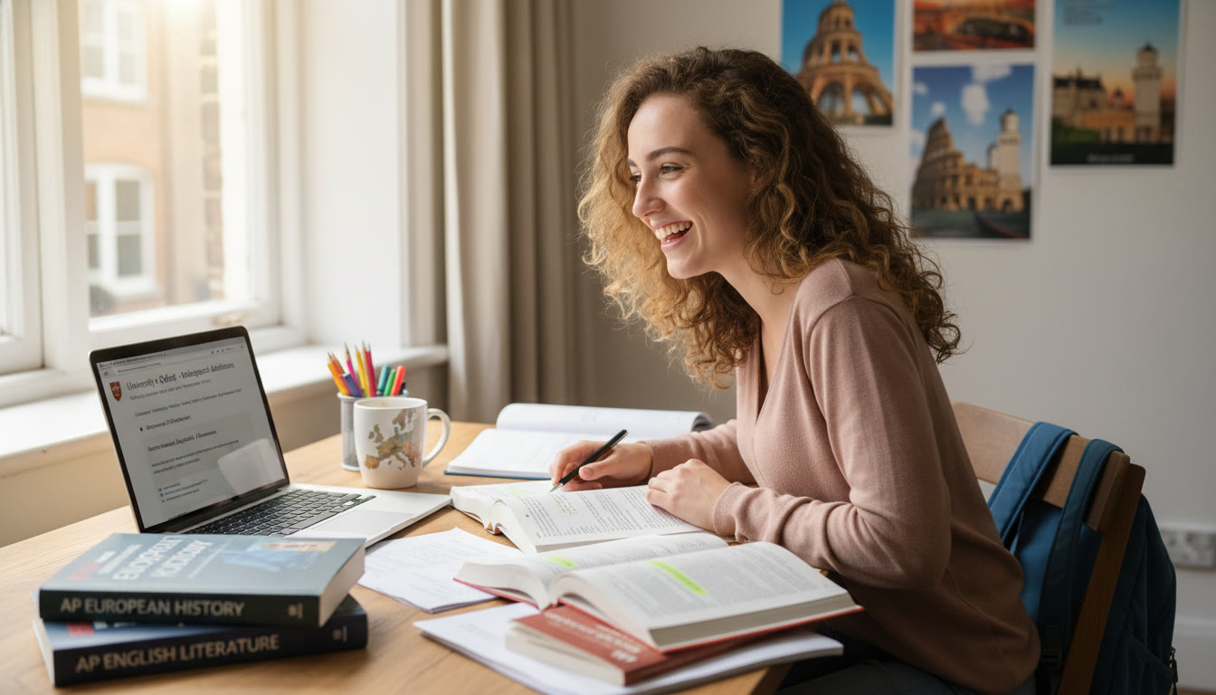 Photo Idea : A bright study scene with a European student at a desk, AP textbooks open beside a laptop showing a university admissions page conveys the bridge between American tests and European university planning.