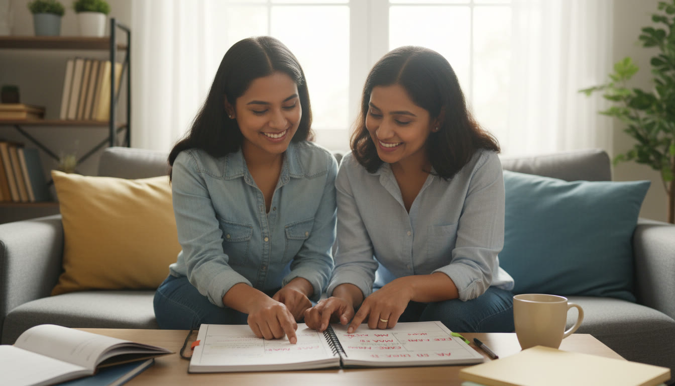 Photo Idea : A serene photo of a student and parent reviewing a study plan together at home, with a calendar marked for AP and board exam dates — visualizes teamwork and planning.