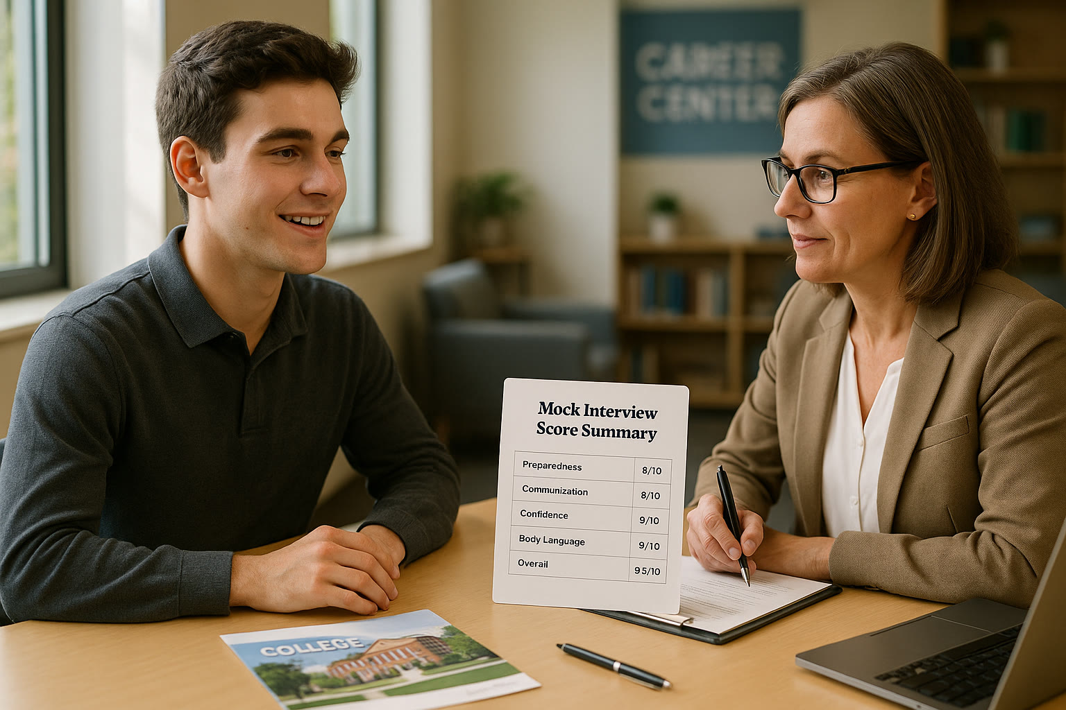 Photo Idea : A student confidently speaking in a mock college interview with a coach taking notes; a visible score summary lies on the table to show preparation and calmness.