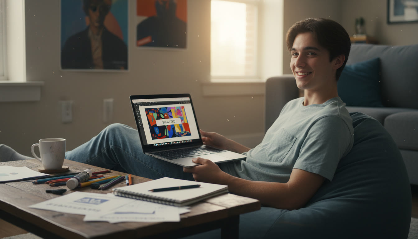 Photo Idea : A calm celebration photo—student relaxing with a completed portfolio on a laptop, printed notes nearby, and a small stack of art materials—conveys completion and relief. Place near the article end to close with positive energy.