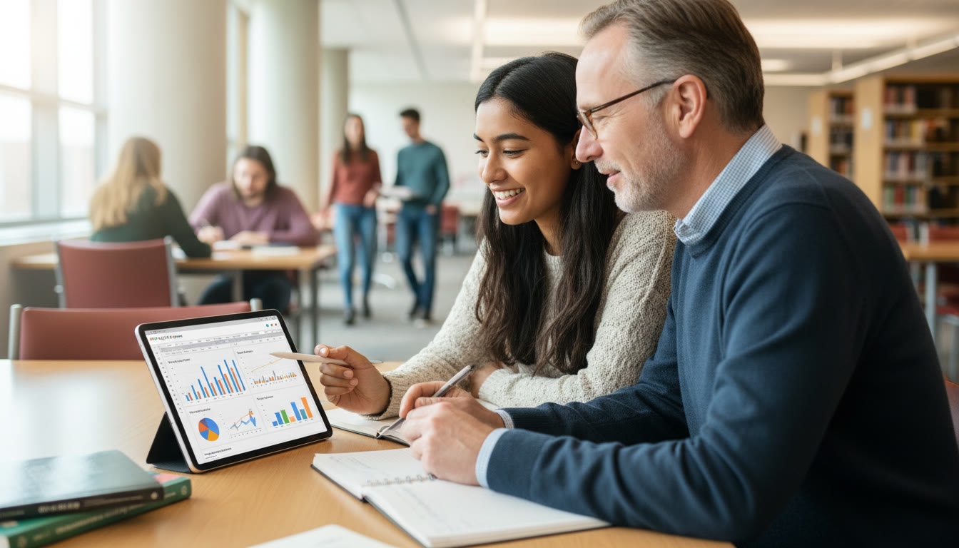 Photo Idea : A close-up of a student and a tutor (over-the-shoulder) reviewing a Google Sheets dashboard on a tablet, pointing at charts and taking notes. The image should convey collaboration and personalized guidance.