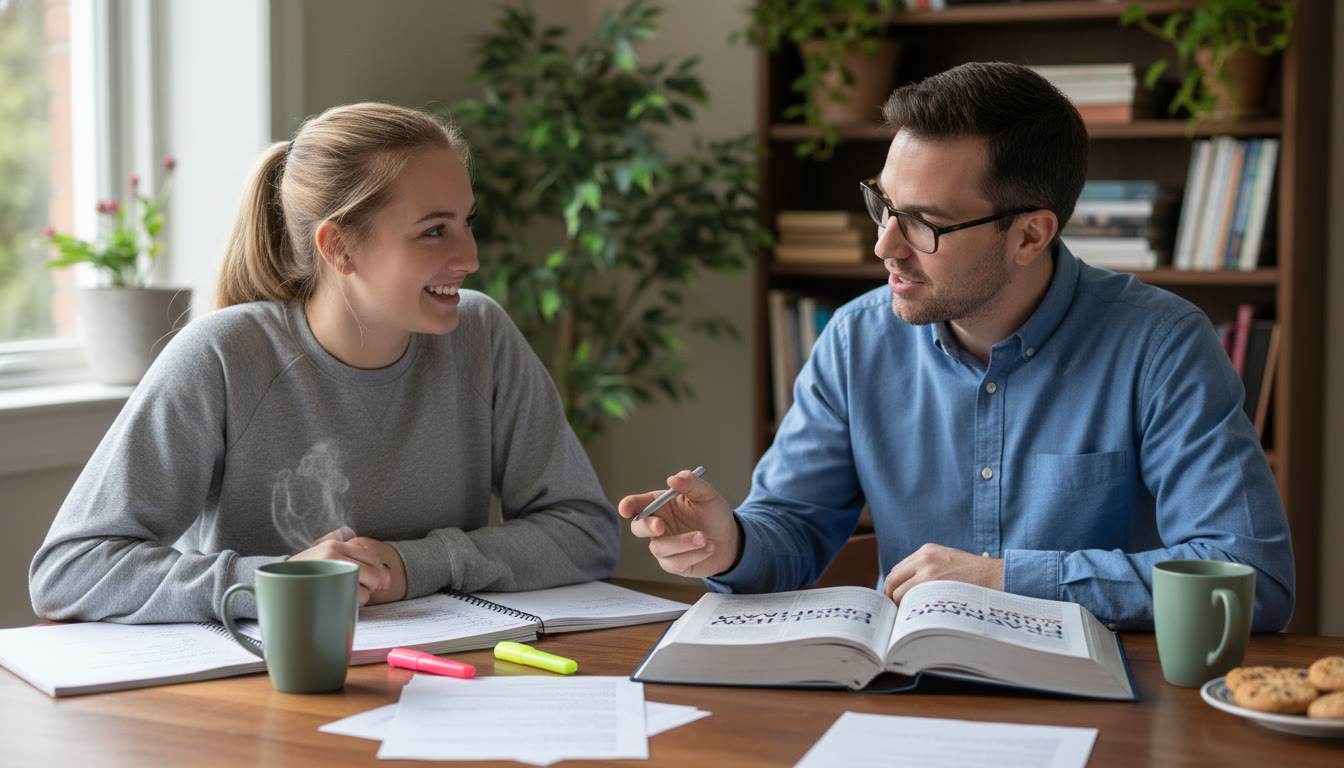 Photo Idea : A study scene showing a student working with a tutor over a table with notebooks and an AP review book, emphasizing one-on-one guidance and focused preparation.