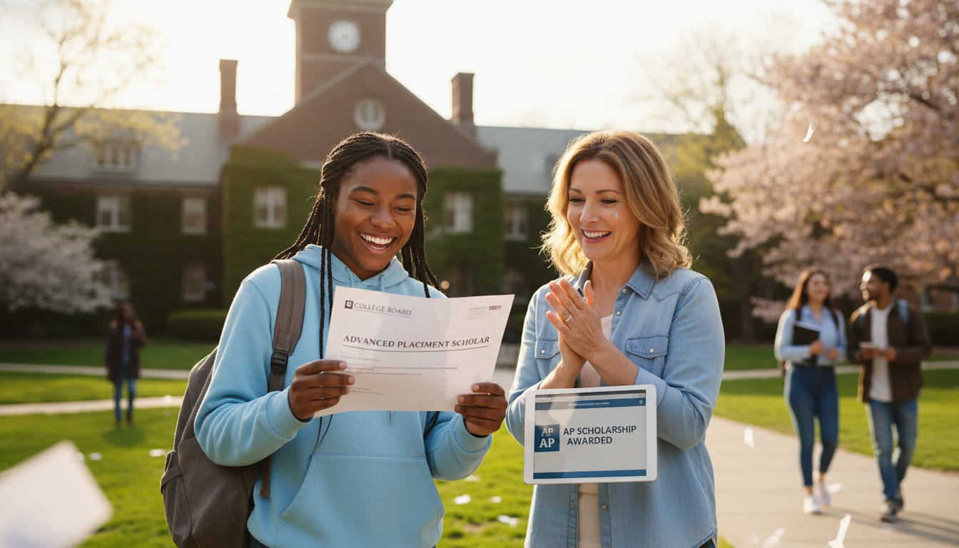 Photo Idea : A bright, hopeful campus photo showing an incoming student holding an acceptance letter and a parent celebrating nearby. The caption idea (not included in copy) could underline the payoff of strategic AP study and scholarship planning.