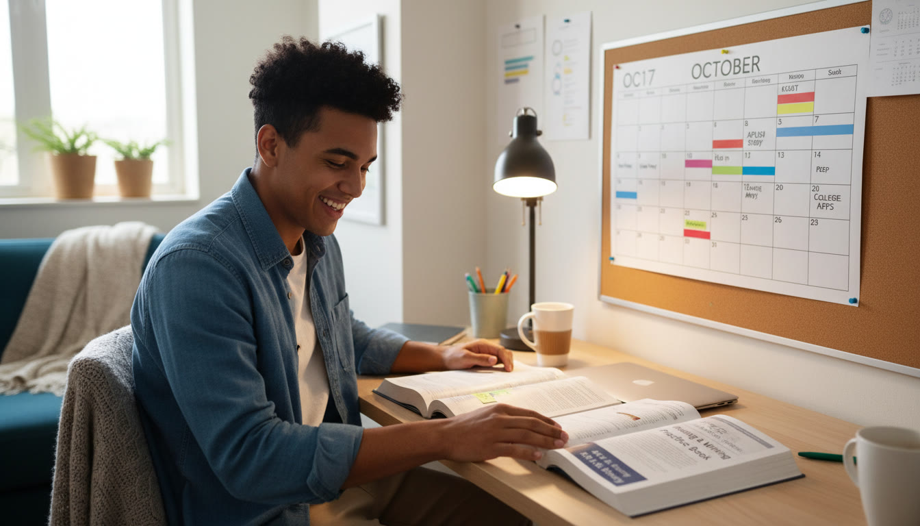 Photo Idea : A focused study scene showing a student with an AP textbook and KSAT practice book side by side, a calendar with study blocks visible — symbolizes the hybrid approach and planning.