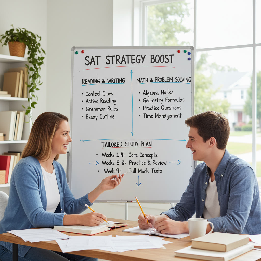 A tutor working one-on-one with a student, whiteboard with strategy notes visible—illustrates personalized tutoring and tailored study plans.