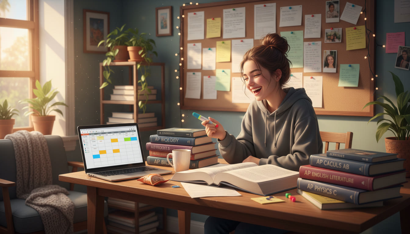 Photo Idea : A warm, candid photo of a student at a desk surrounded by AP textbooks, notes pinned to a corkboard, and a laptop displaying a study calendar. The image should feel lived-in and encouraging.