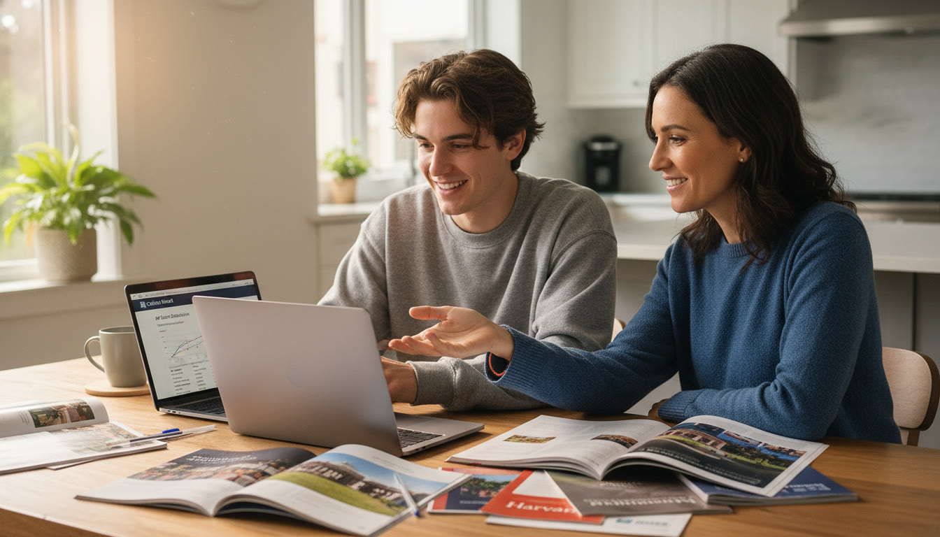 Photo Idea : A bright, candid photo of a student and parent at a kitchen table, surrounded by college brochures and a laptop — relaxed, focused, planning together.