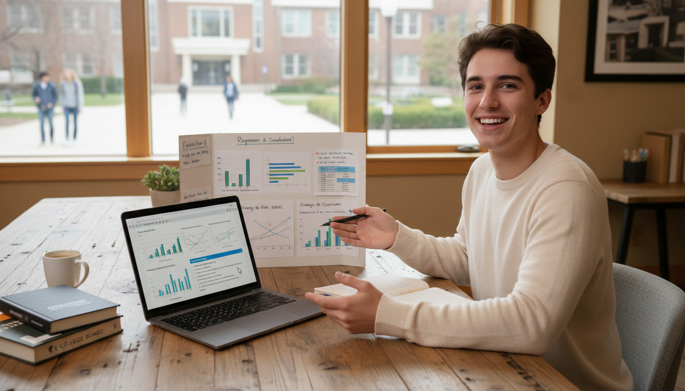 Photo Idea : A student in a calm study space presenting a small poster board or laptop screen with graphs and notes from an AP Research or AP Statistics project — shows tangible output from AP coursework that belongs on a resume or LinkedIn Featured section.