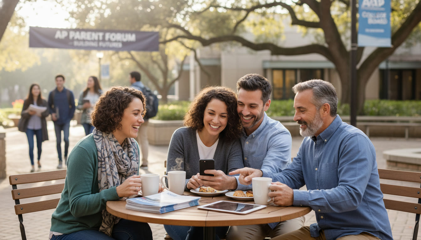 Photo Idea : A warm, candid photo of parents chatting casually over coffee while checking messages on a phone—conveys supportive community and real-world coordination.