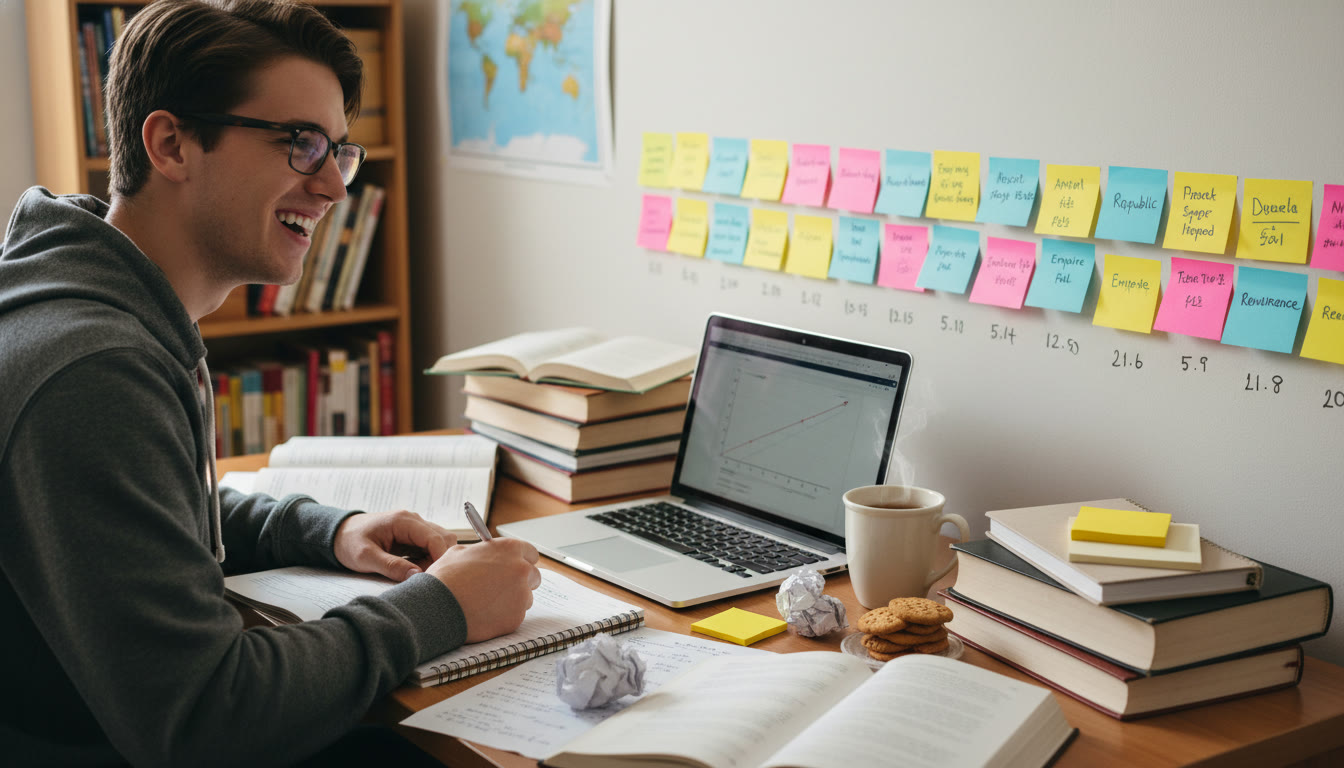 Photo Idea : A student at a desk surrounded by research notes and a laptop, with a cup of tea and a timeline written on sticky notes — conveys organized, independent research work.