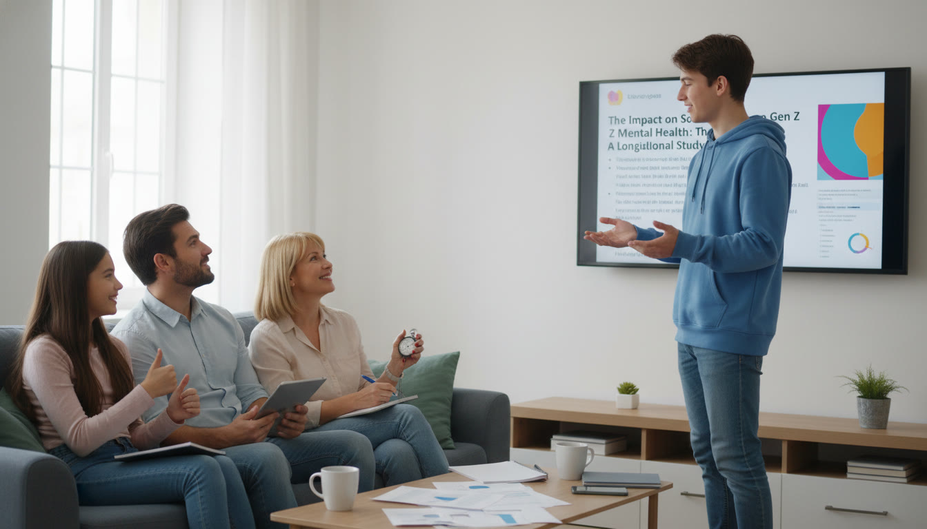 Photo Idea : A photo of a student practicing a research presentation in front of a small family audience, with a parent timing and taking notes — captures rehearsal, supportive critique, and presentation prep.