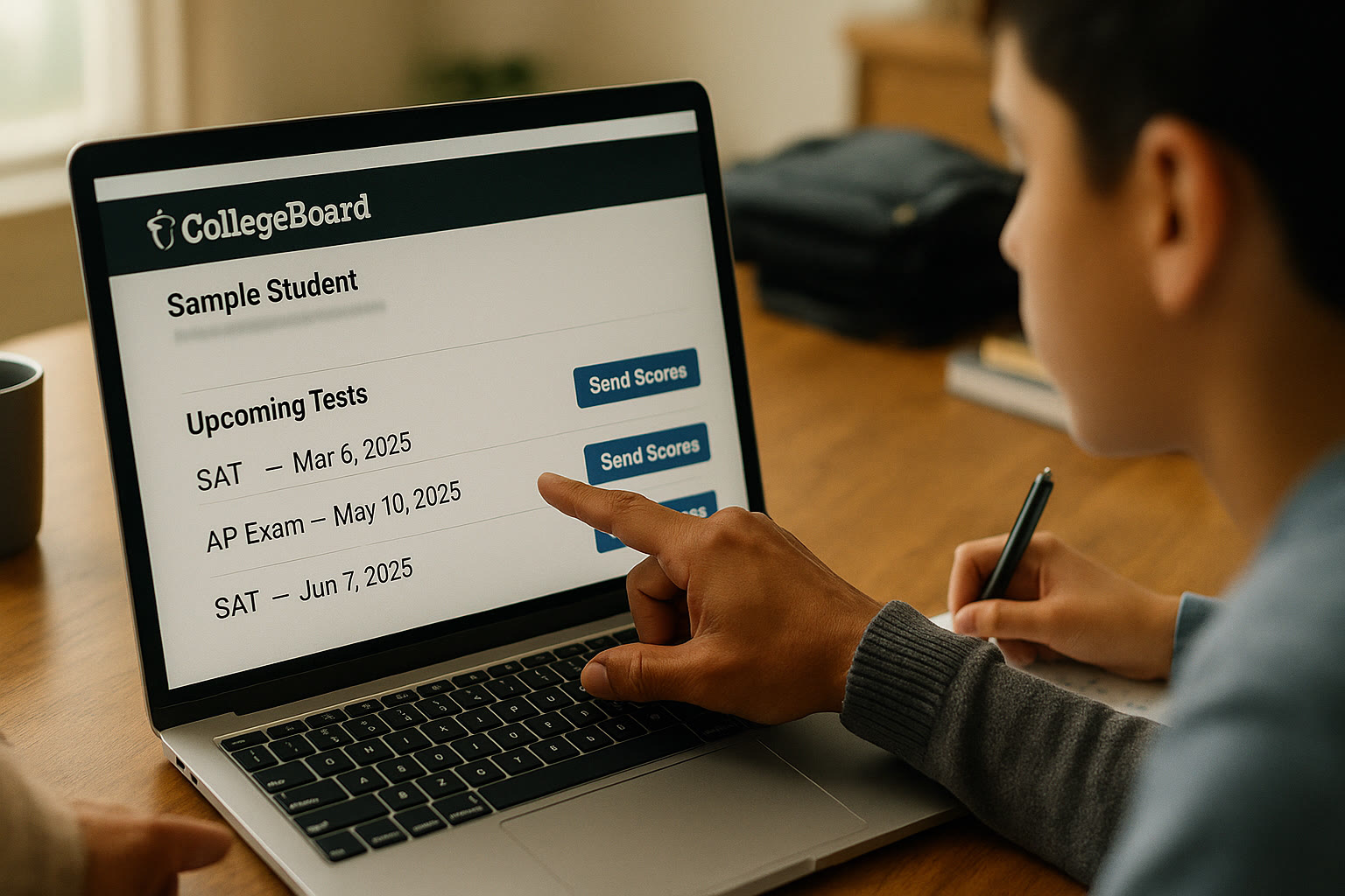 Photo Idea : Close-up of a laptop screen with a College Board account dashboard showing test dates and send-score options; a parent pointing to the screen while the student takes notes.
