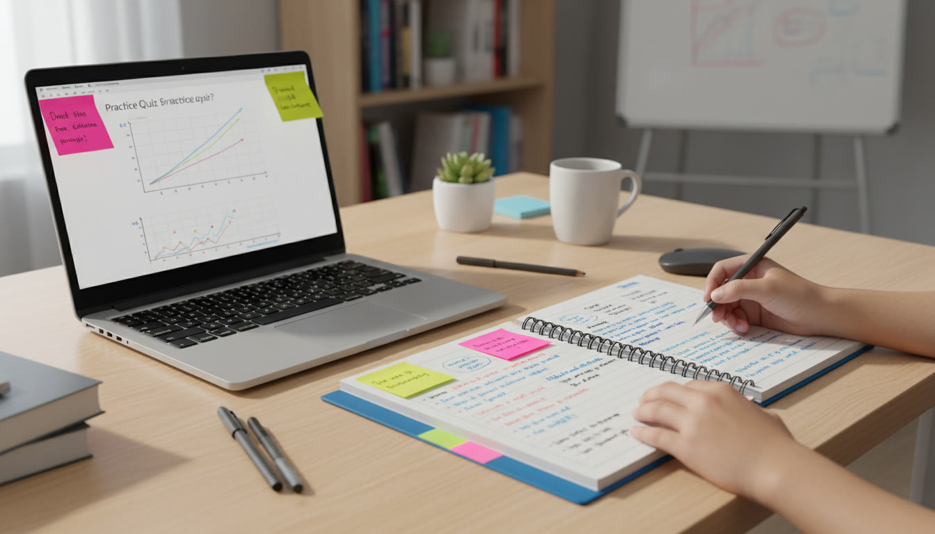 Photo Idea : A tidy study desk with a laptop, a notebook, and sticky notes — a natural shot showing both paper and digital tools to emphasize hybrid note-taking.