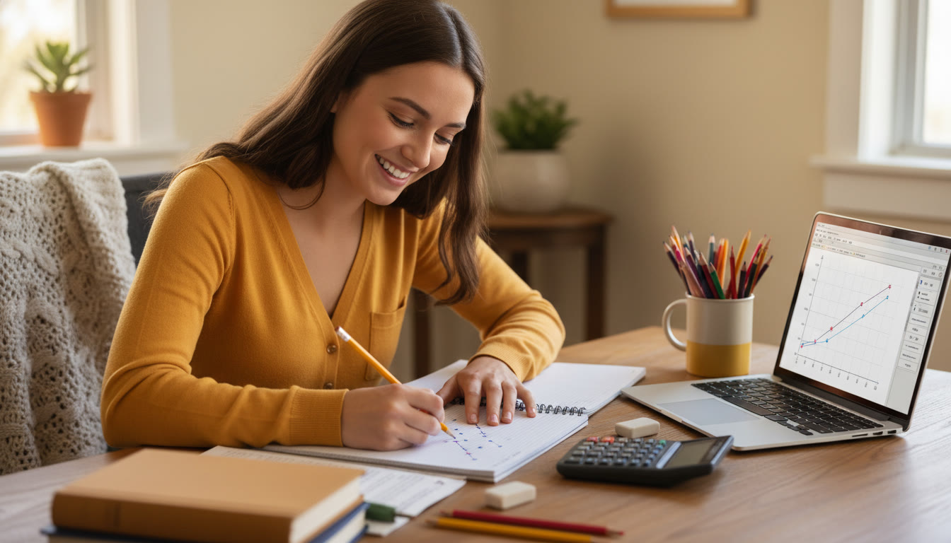 Photo Idea : A student at a desk sketching a scatterplot by hand, surrounded by colored pencils, a calculator, and a laptop showing a digital graphing tool — warm, focused atmosphere.
