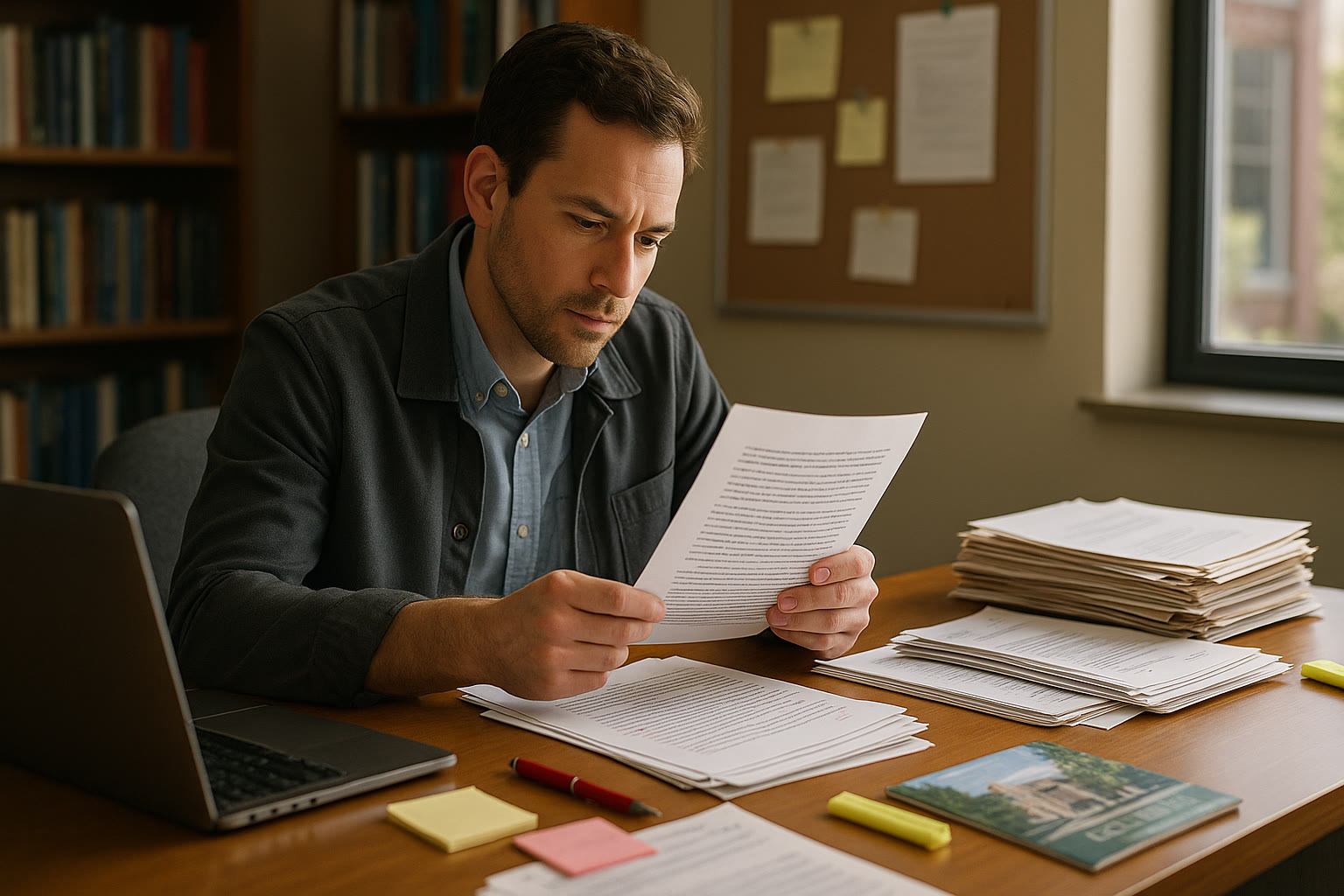 Photo Idea : A college admissions reviewer at a desk, papers and a laptop open, thoughtfully reading a student essay — conveys careful, human evaluation behind the scenes.