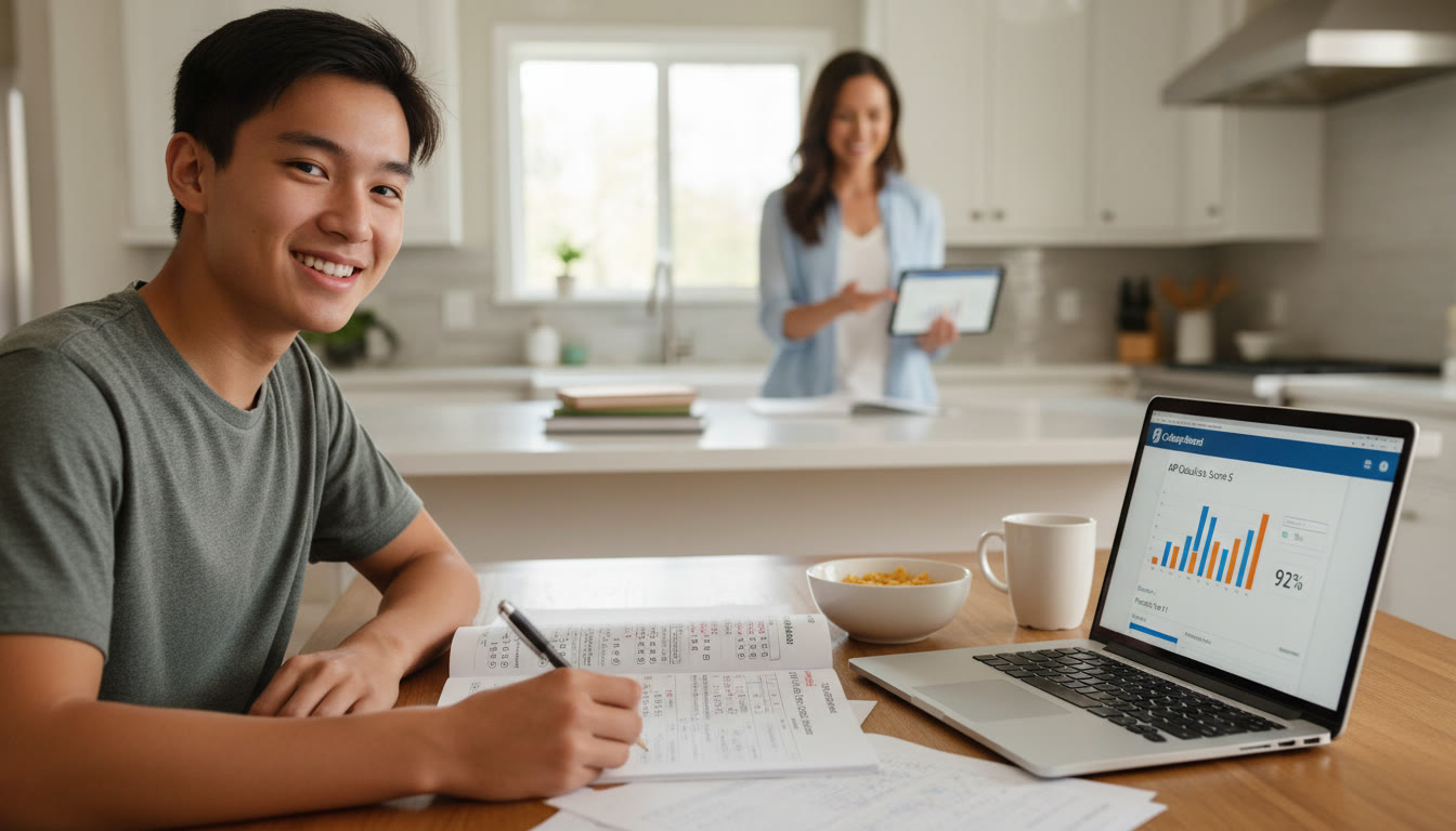 Photo Idea : A focused student at a kitchen table taking a paper AP practice test with a laptop open to an online score report — conveys hybrid (paper + digital) practice and parental presence.