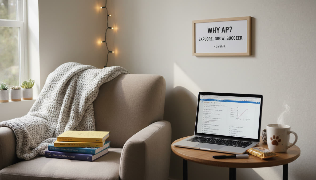 Photo Idea : A cozy study corner with a small poster on the wall that reads a student's short 'Why AP' statement. A laptop with a practice test open and a mug beside it make the scene feel lived-in and purposeful.