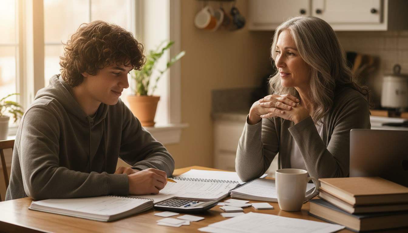 Photo Idea : A soft, candid photo near the top of the article showing a parent and teen at a kitchen table. The teen is studying with AP notebooks open while the parent sits beside them with a supportive posture—hands folded, listening—rather than pointing at the notes. The mood is calm and collaborative.