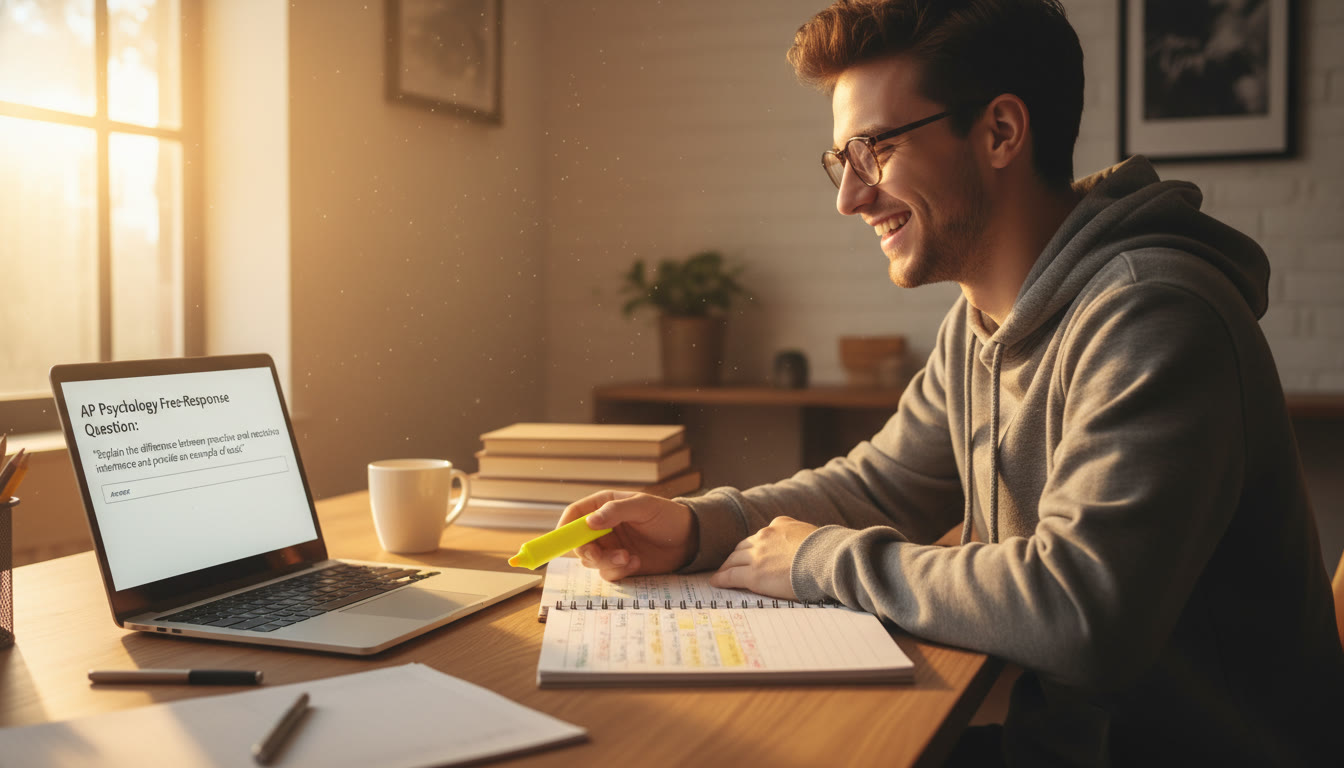 Photo Idea : A student at a desk with a notebook open, a highlighter in hand, and a laptop showing an AP Psychology prompt—natural daylight, warm tones, focused expression.