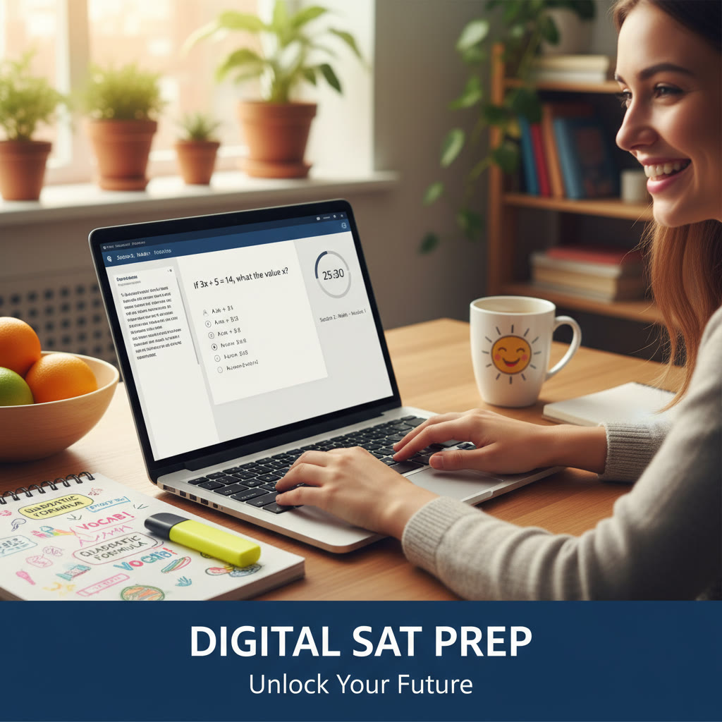 Photo Idea : Close-up of a laptop screen displaying a Digital SAT practice interface with a student’s hands typing notes beside it and a timer on the screen.