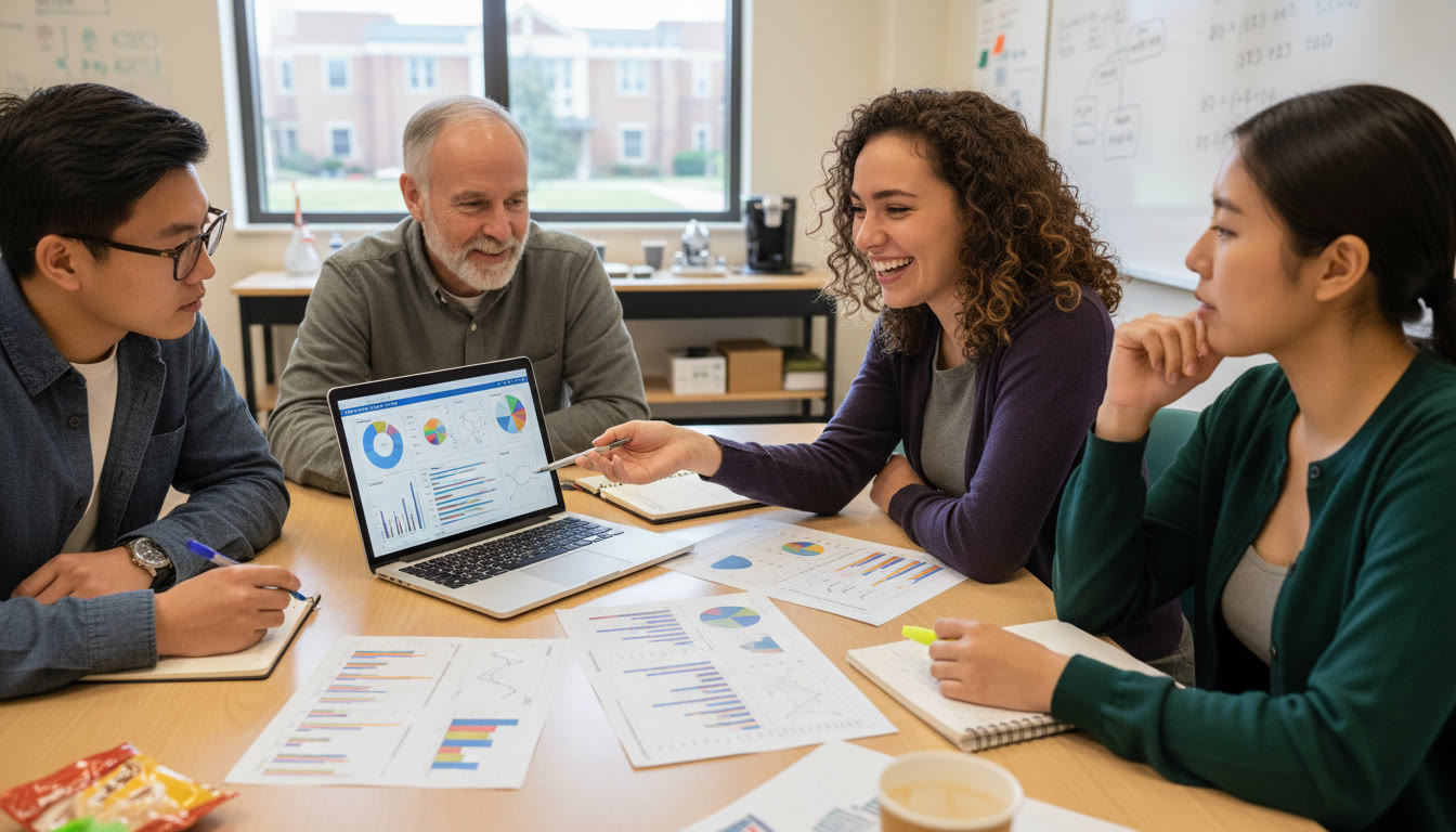 Photo Idea : A small-group research meeting: three students and a faculty mentor around a laptop and printouts of graphs, showing mentorship, data discussion, and the collaborative spirit of undergraduate science.
