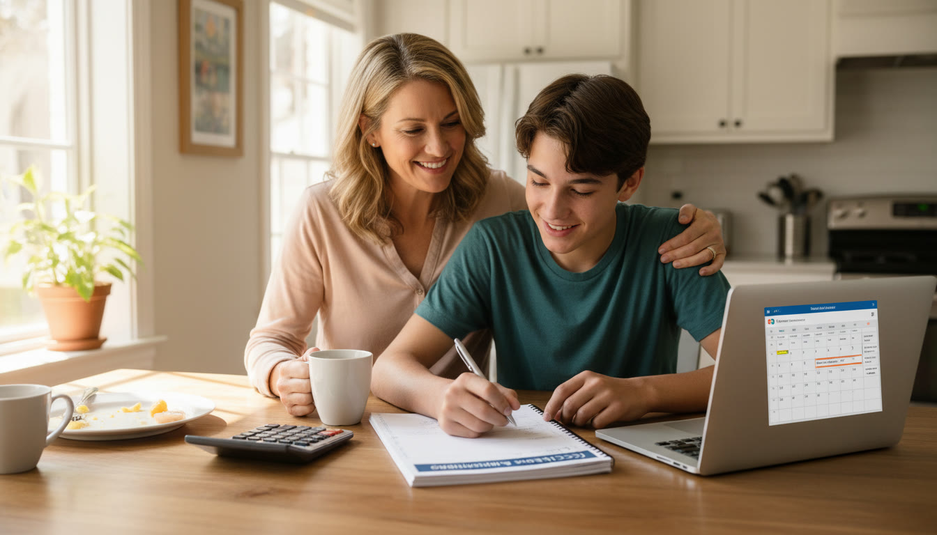 Photo Idea : A parent and teen at a kitchen table with a budgeting notebook, calculator, and laptop open to a calendar—warm natural light, relaxed but focused atmosphere.