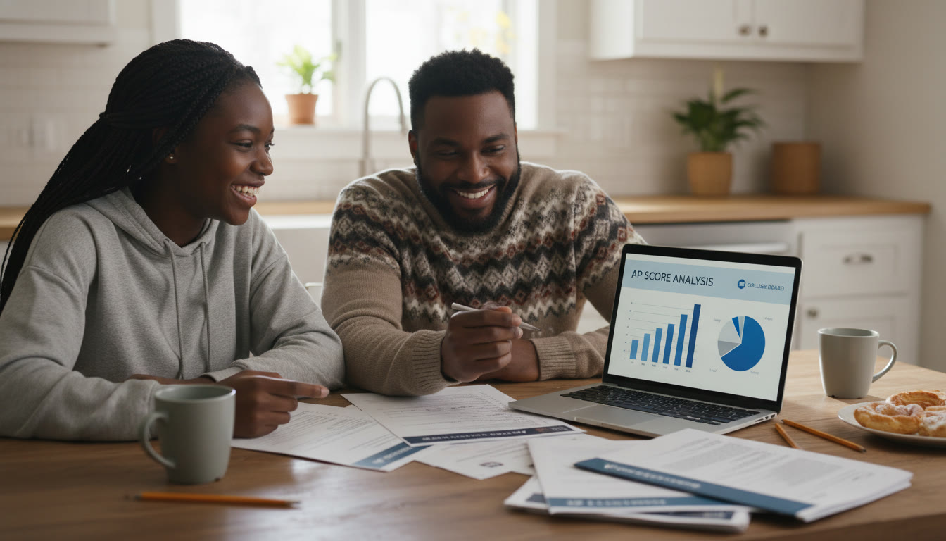 Photo Idea : A calm kitchen table scene where a parent and teen are reviewing test papers and a laptop together, smiling and engaged in conversation.