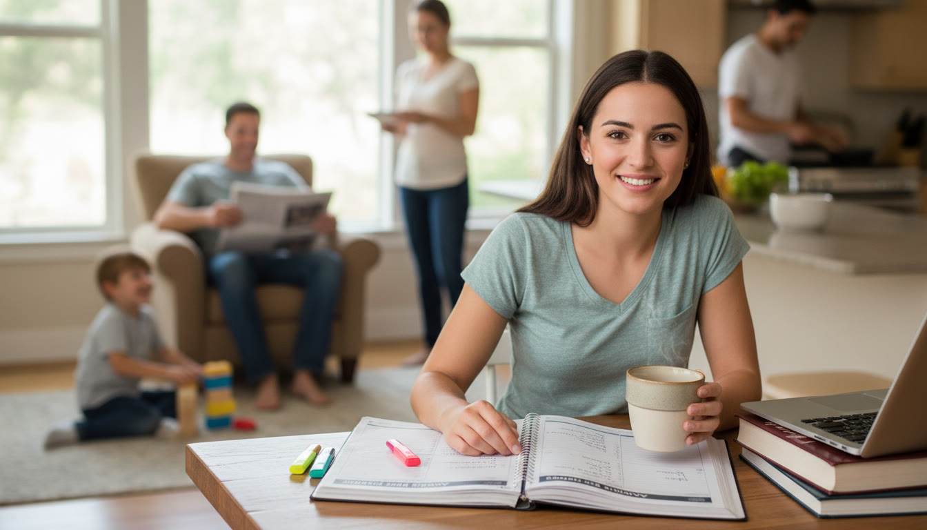 Photo Idea : A calm, focused student at a kitchen table with a planner and a cup of tea, while family activity occurs softly in the background — illustrating balance and presence.